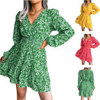 Spring Summer Floral V-Neck Chiffon Dress for Women