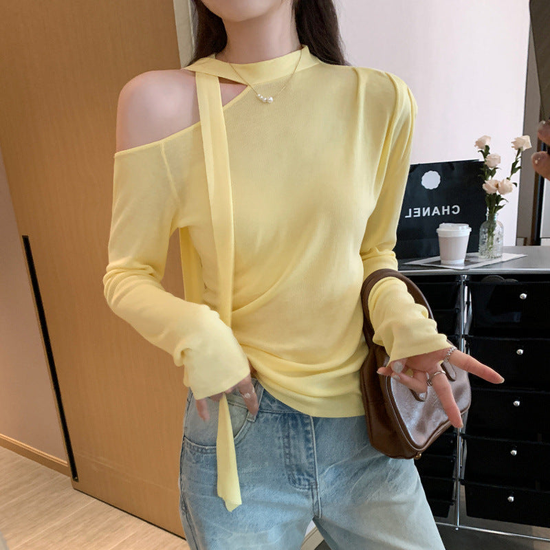 Lace-up Butterfly Sleeveless Long Sleeve T-Shirt for Women, Lightweight Chiffon Style, Elegant and Slim Fit Top