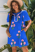 Blue Floral Short Sleeve Split Neck Loose Mini Dress