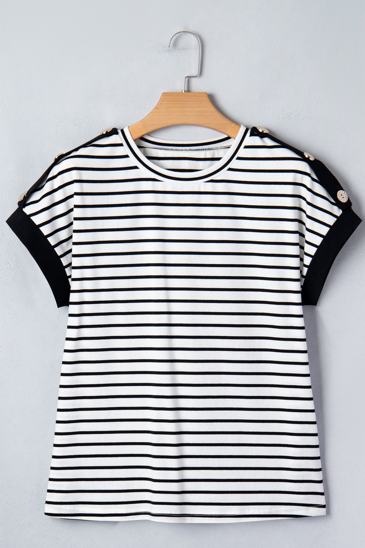 Black Stripe Cuffed Sleeve Button Detail Loose Tee