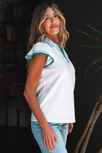 Beau Blue Color Contrast Ruffled Sleeve Collared V Neck Blouse