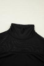Coffee Sheer Mesh Patchwork High Neck Long Sleeve Top
