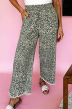 Brown Leopard Print Raw Hem Elastic Waist Loose Pull On Jeans