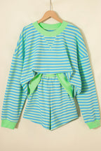 Yellow Stripe Color Block Detail Long Sleeve Pullover Elastic Waist Pull On Shorts 2pcs Set