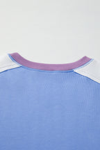 Blue Exposed Seam Colorblock Patchwork Ribbed Trim Pullover Sweatshirt