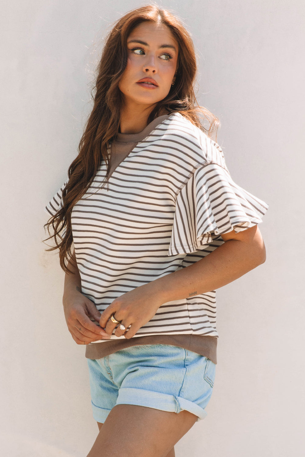 Parchment Contrast Detail Striped Ruffle Short Sleeve Top