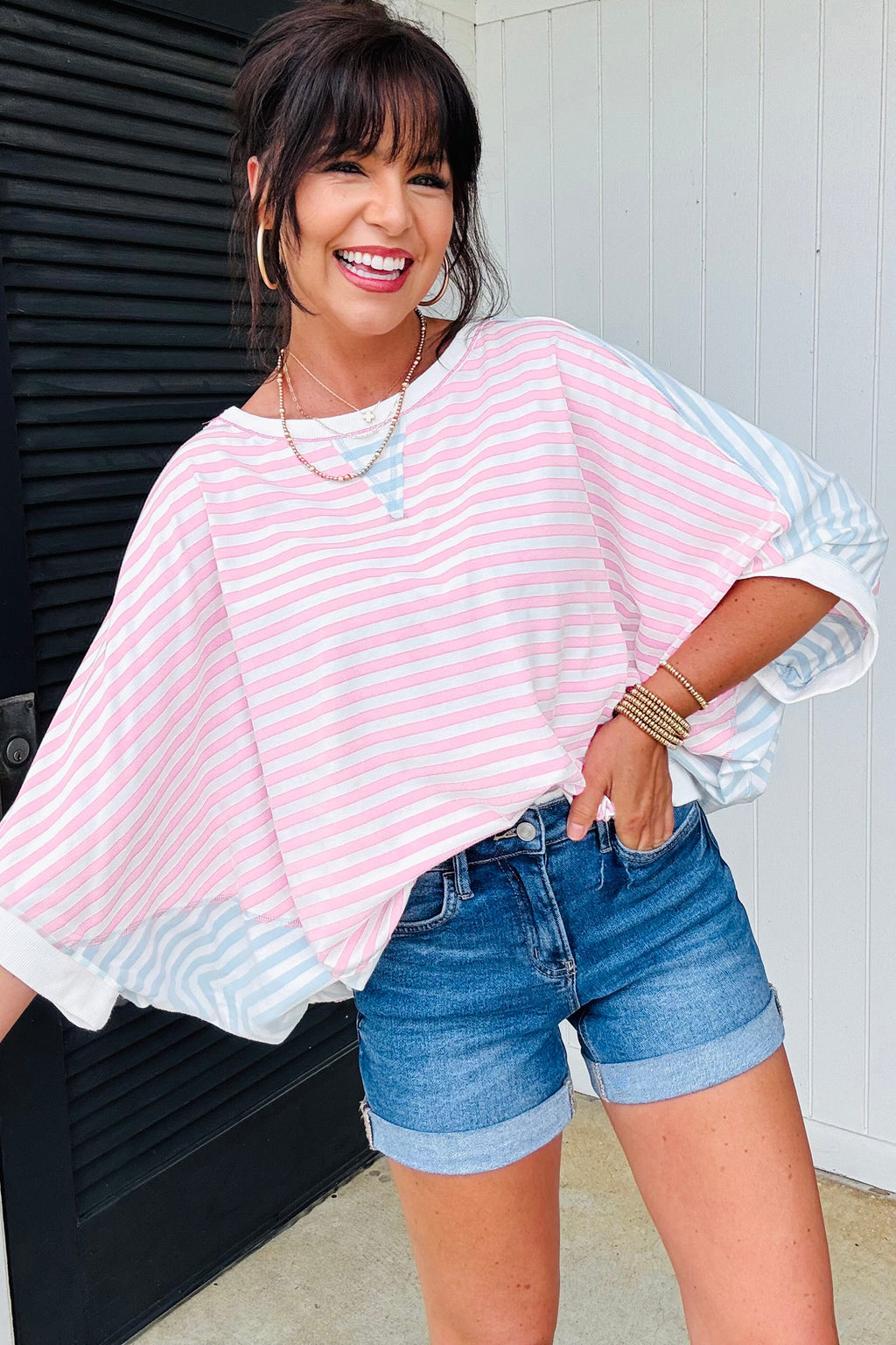 Casual Stripe Oversize Dolman Sleeve Patchwork T Shirt