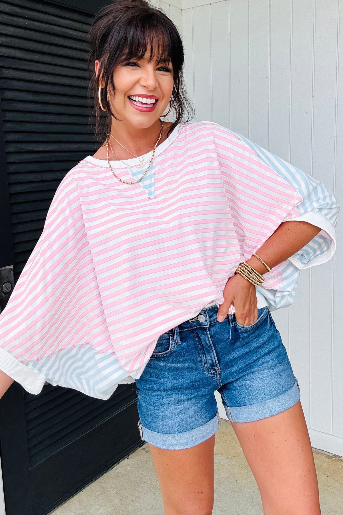 Casual Stripe Oversize Dolman Sleeve Patchwork T Shirt