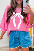Sachet Pink Big Ribbon Bow Print Contrast Stitch Trim Drop Shoulder Sweater