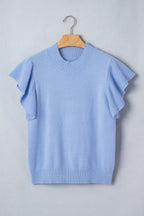 Sachet Pink Solid Color Ribbed Trim Round Neck Ruffle Short Sleeve Sweater