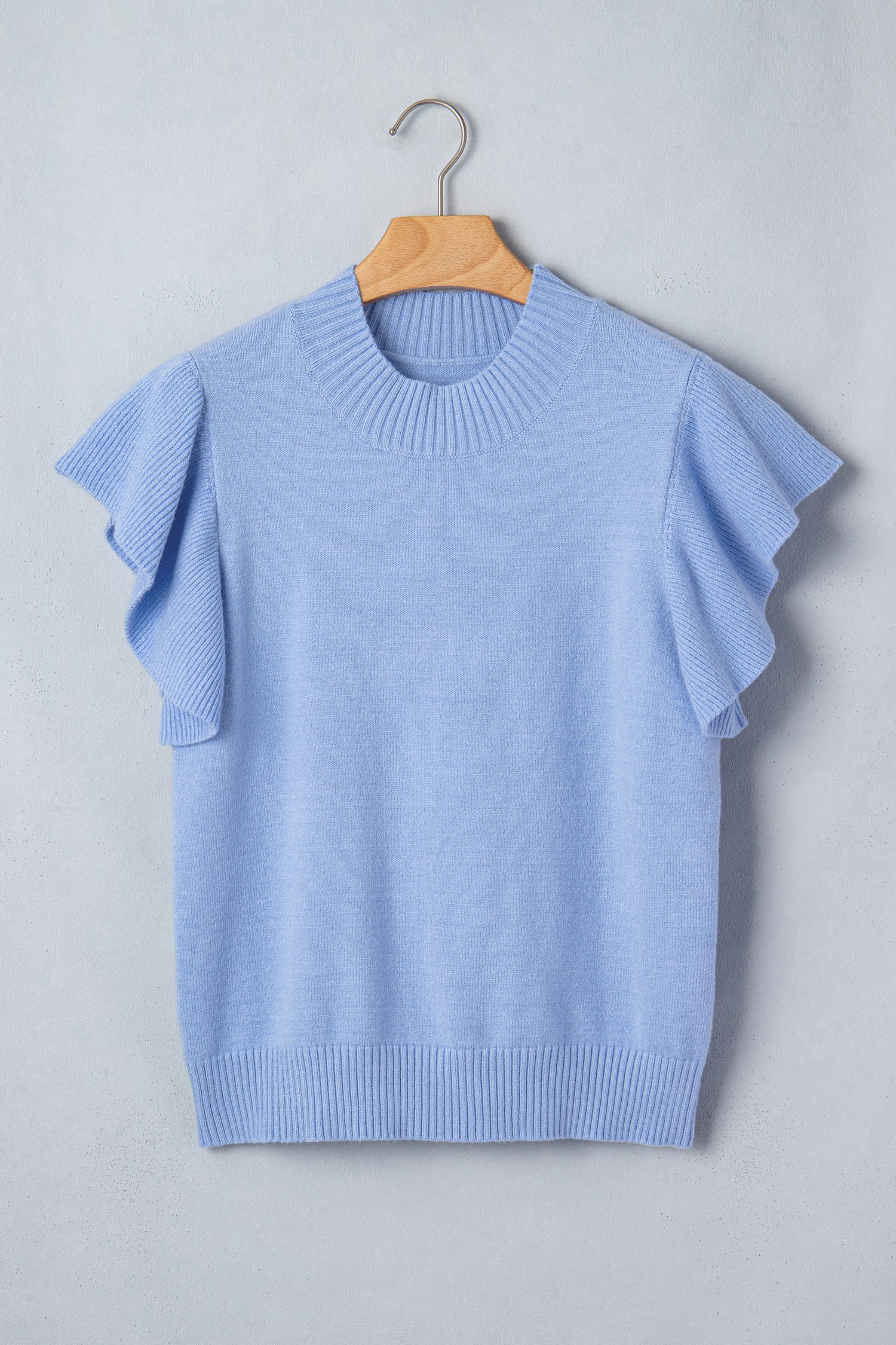 Sachet Pink Solid Color Ribbed Trim Round Neck Ruffle Short Sleeve Sweater