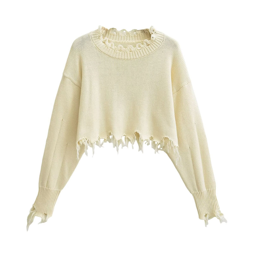 Broken hole tassel short crop top sweater with exposed navel