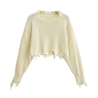 Broken hole tassel short crop top sweater with exposed navel