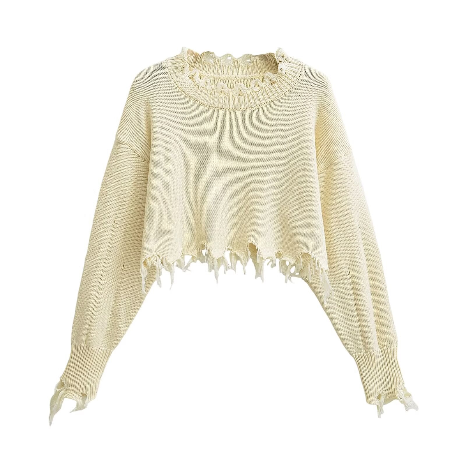 Broken hole tassel short crop top sweater with exposed navel