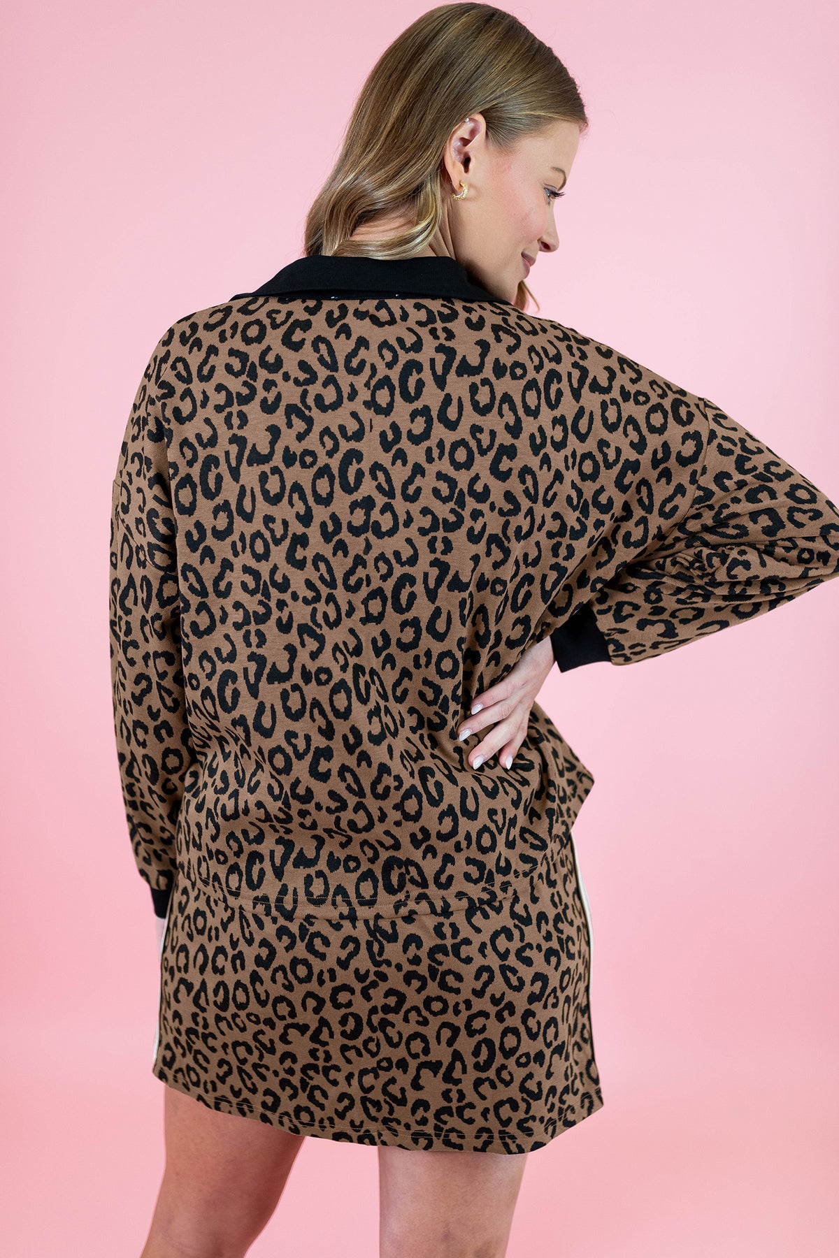 Khaki Leopard Print Quarter Zip Long Sleeve Top Mini Skirt Set