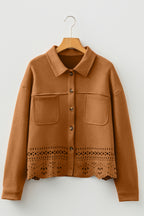 Thai Curry Solid Color Faux Suede Hollowed Detail Retro Style Jacket
