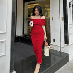 One-Shoulder Pleated Dress, Slim Fit, Bodycon, Side Slit, Cocktail Dress Long Dress
