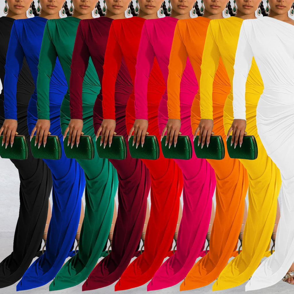 Fashion Women's Solid Color Asymmetrical Neck Single Long Sleeve Long Dress with Pleats