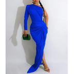 Fashion Women's Solid Color Asymmetrical Neck Single Long Sleeve Long Dress with Pleats
