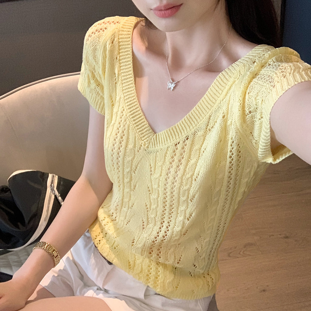 Seductive Unique Hollow Semi-Transparent V-Neck Knit Short Sleeve T-Shirt Fit Slimming Top