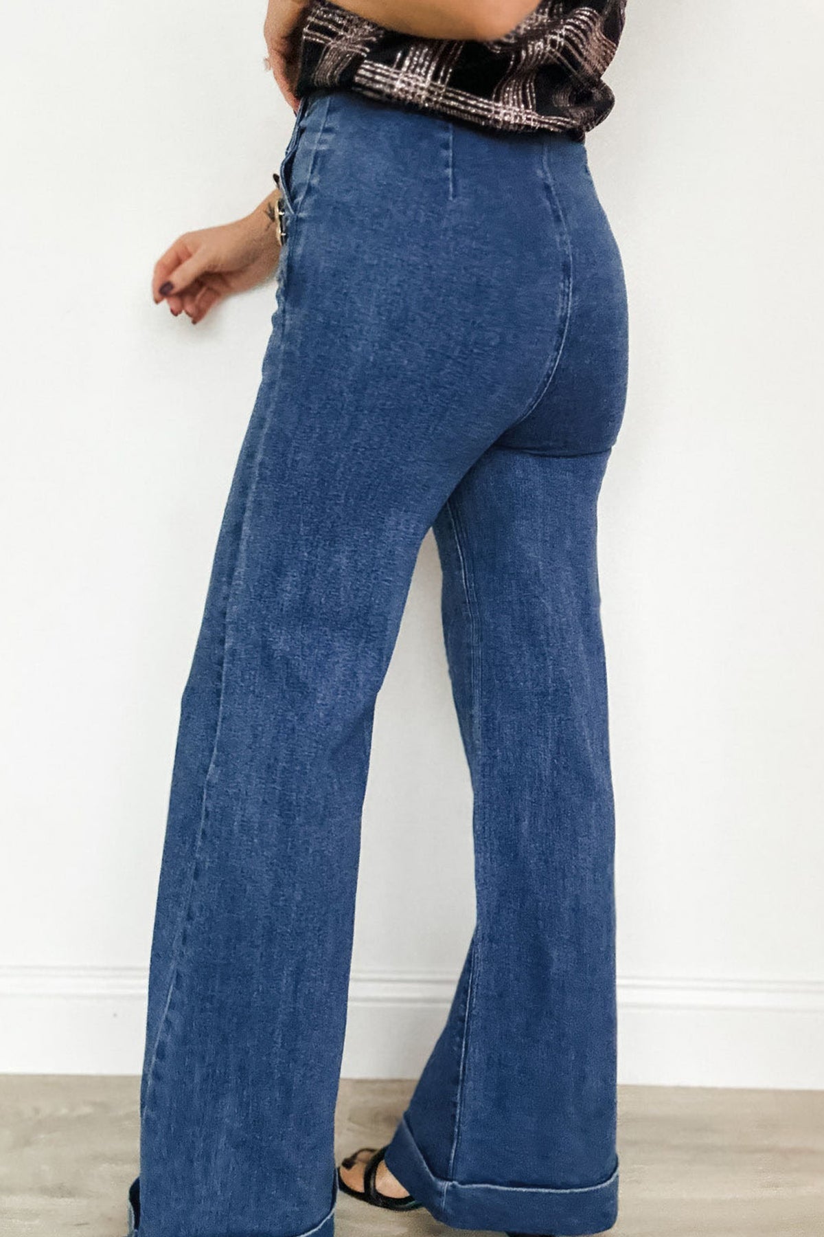 Ashleigh Blue Golden Button Detail Rolled Edge Flare Leg Jeans