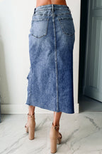 Dark Grey Irregular Distressed Bottom Denim Midi Skirt