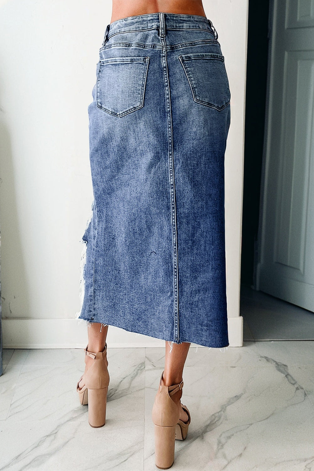 Dark Grey Irregular Distressed Bottom Denim Midi Skirt