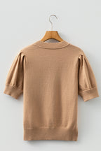 Light French Beige Solid Color Knit Short Puff Sleeve Sweater