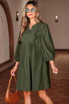 Cinnamon Bracelet Sleeve Split Neck Scallop Detail Pleated Corduroy Mini Dress