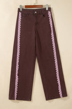 Coffee Lace Trim Casual Full-Length Regular Fit Jeans