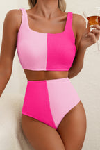 Pink Corded Colorblock Square Neck Bikini Swimsuit