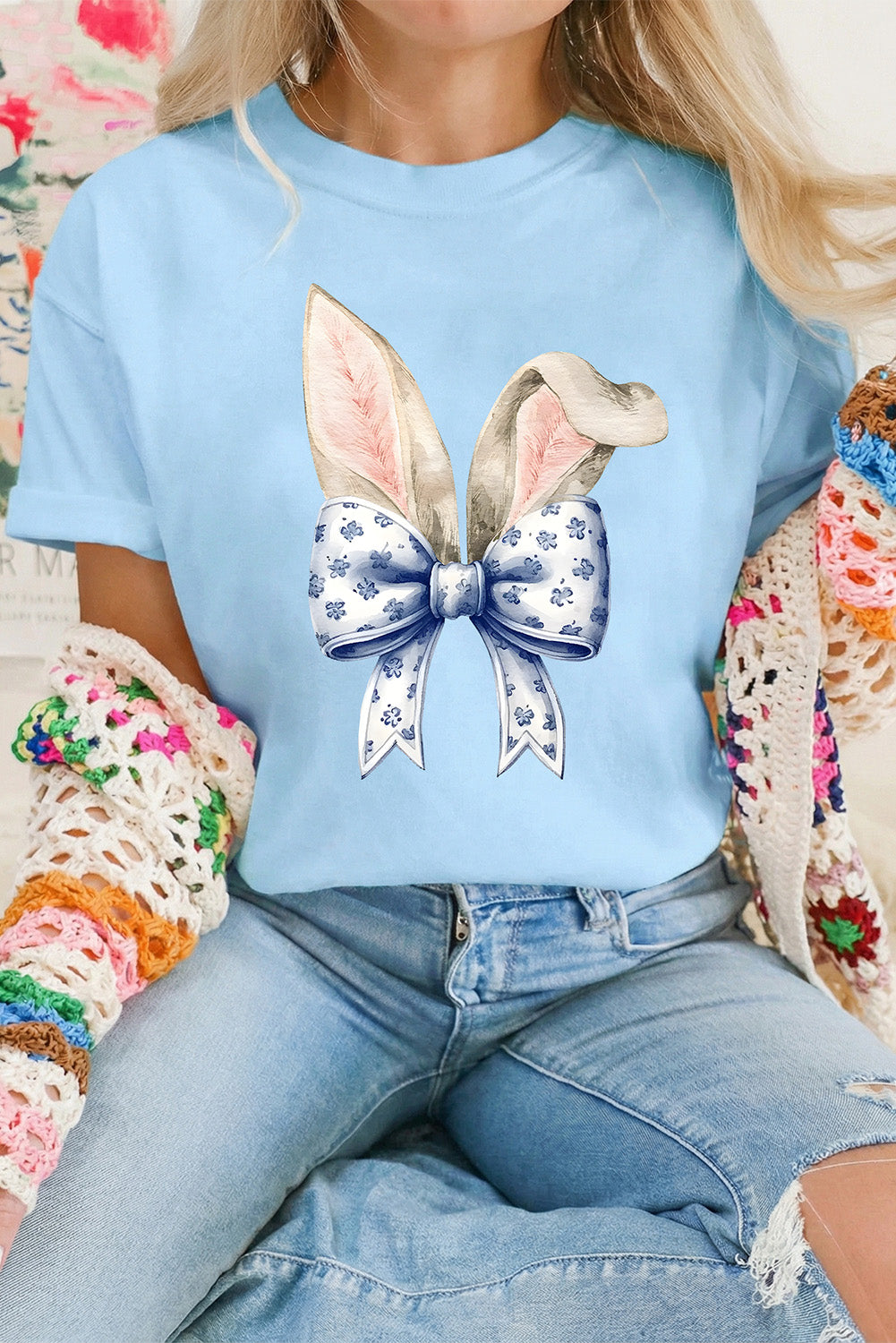 Light Blue Easter Bunny Ears Coquette Bow Graphic Tee