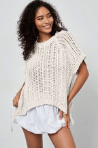 Black Plus Size Open Knit Bow Tie Short Sleeve Sweater