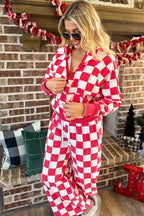 Red Checkered Print Half Zip Hoodie Loose Pant Set