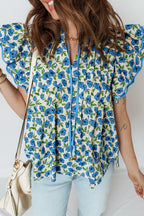 Sky Blue Tiered Flutter Sleeve Pleated Flower Blouse