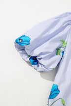 Sky Blue Floral Print Tie Split Neck Short Puff Sleeve Blouse