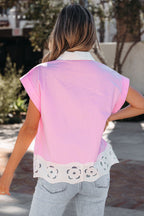 Pink Hollow-out Floral Contrast Patchwork Short Sleeve Button Up Shirt