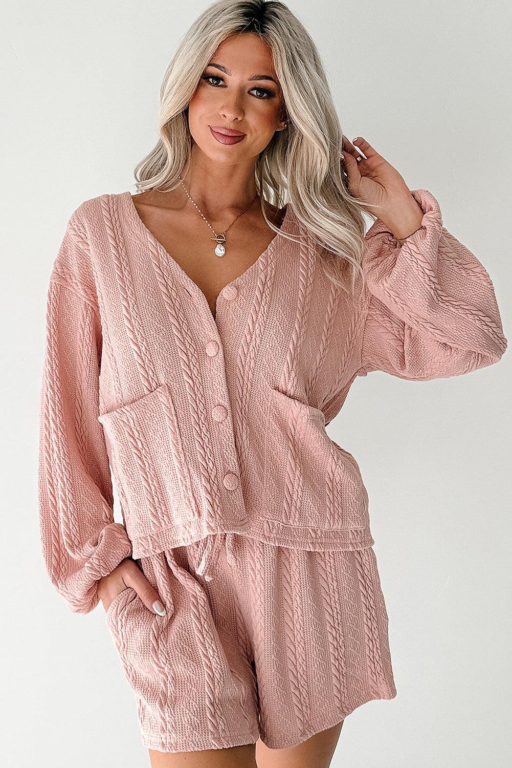 Gossamer Pink Cable Knit V Neck Cardigan Shorts Set