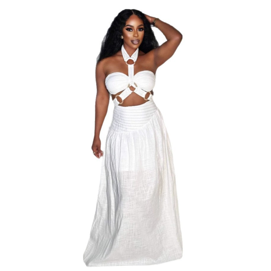 Women's Padded Strapless Top with Halter Neckline and Long Dress Two-Piece Set