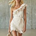 Chic Solid Color Off-Shoulder Ruffle Trim Tie Mini Dress
