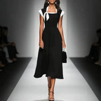 Elegant Vintage Square Neck  Dress with Bow Detailing