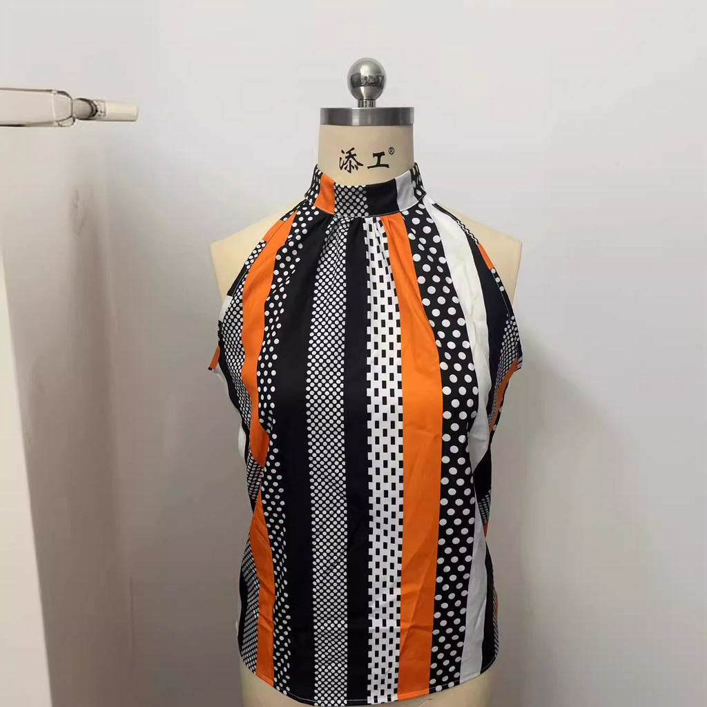 Fashionable Style Printed Off-Shoulder Stand-Up Collar Halter Top