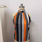Fashionable Style Printed Off-Shoulder Stand-Up Collar Halter Top