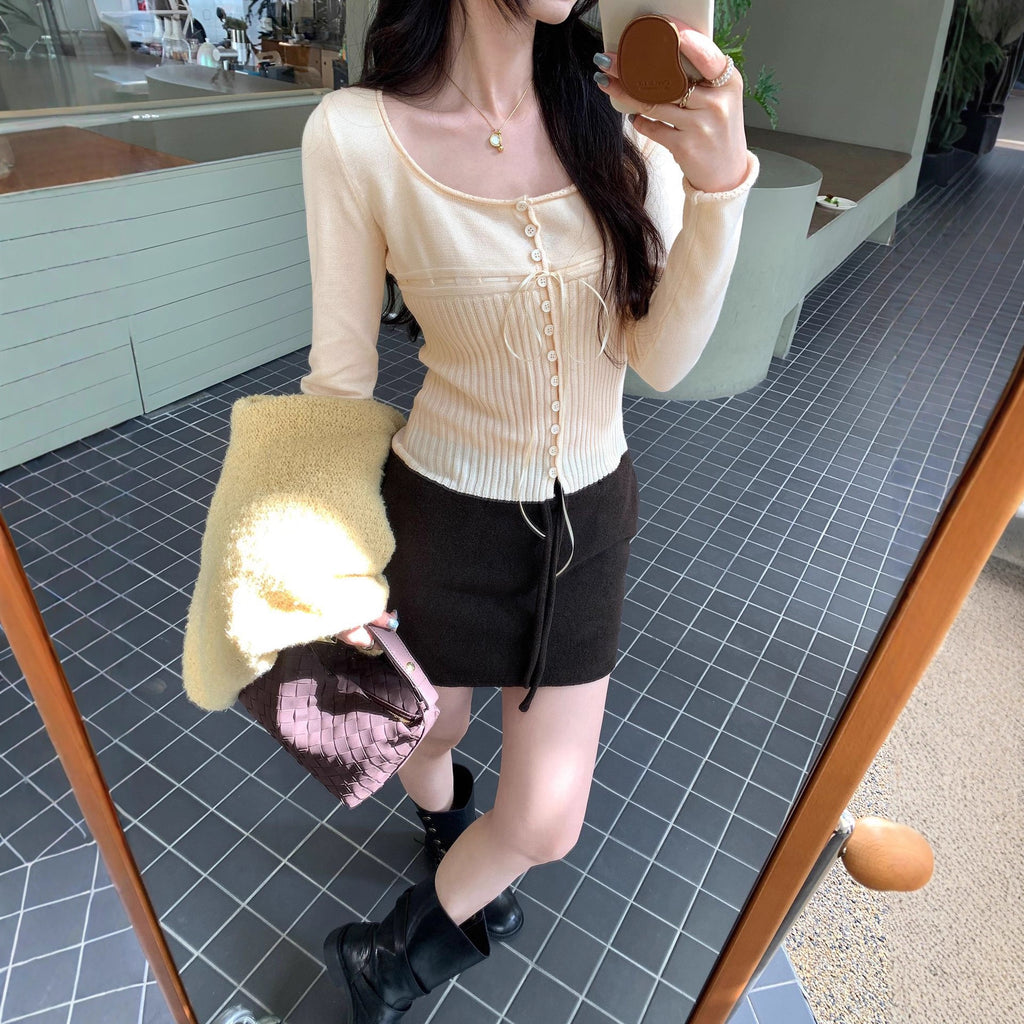waist inner layer knit top for women, slim fit, long sleeve, pure and sexy