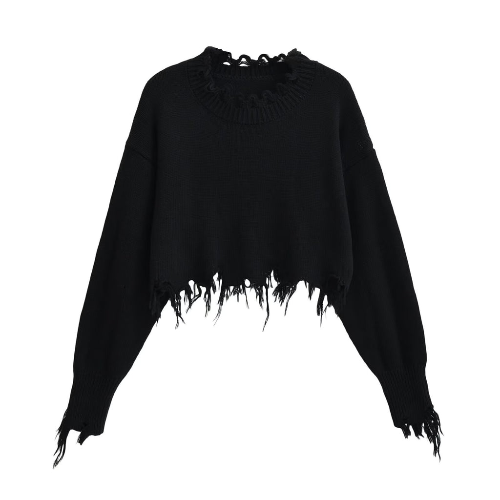 Broken hole tassel short crop top sweater with exposed navel