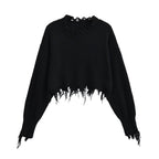 Broken hole tassel short crop top sweater with exposed navel
