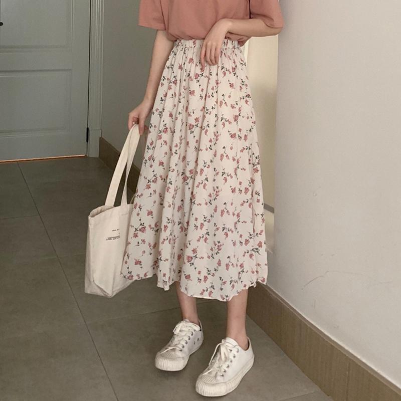 Floral A-Line Midi Skirt Fairy Style Bohemian Chic Lightweight and FlowingSlimming Fit Elegant and Fresh Look