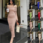 One-Shoulder Pleated Dress, Slim Fit, Bodycon, Side Slit, Cocktail Dress Long Dress