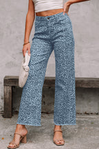 Brown Leopard Frayed Edge Wide Leg High Waist Jeans