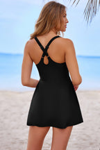 Moss Green Contrast Edge Ruffled High Waist One Piece Swim Dress
